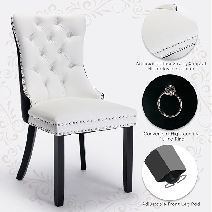 Leather Upholstered Dining Chairs Set of 4, Modern Style Kitchen Side Chairs with Nailhead Trim and Wood Leg, Metal Pulling Ring for Dining Room Living Room(Black&White,Set of)