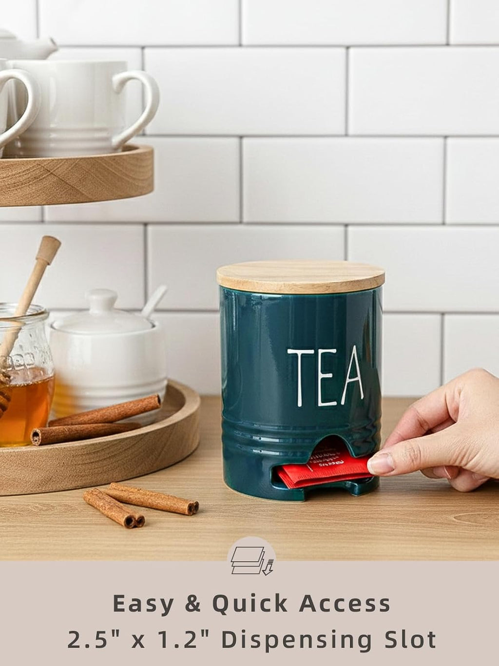 Farmhouse Ceramic Tea Bag Holder with Wood Lid for Countertop (Navy)