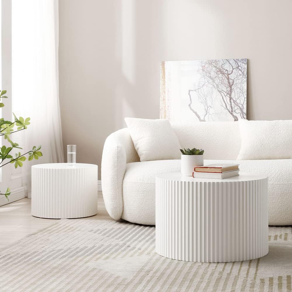 WILLIAMSPACE Black Round Nesting Coffee Table Set of 2, Modern Wooden Center Tables Accent End Tea Table for Living Room Apartment, No Need Assembly (White-Round)
