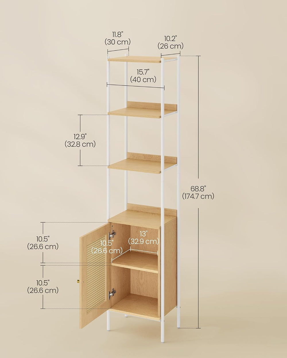 VASAGLE 6-Tier Bookcase with Rattan-Like Door, 15.8-Inch Wide, Metal Frame