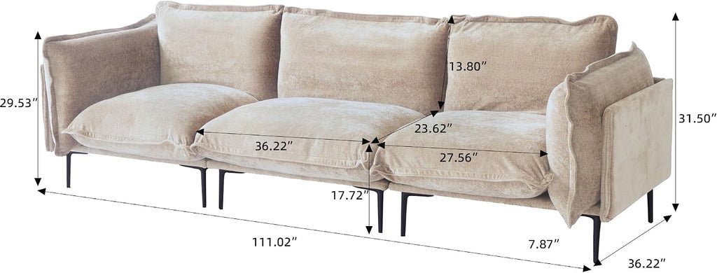 111" 3 Seater Cloud Sofa, Mid-Century Modern Sectional Couches with Thick Cushion, Modular Couch with High Sofa Legs, Sofa Furniture for Small Space Living Room Office Apartment, Light Brown