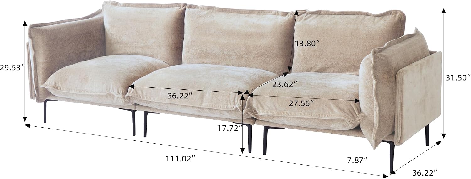 111" 3 Seater Cloud Sofa, Mid-Century Modern Sectional Couches with Thick Cushion, Modular Couch with High Sofa Legs, Sofa Furniture for Small Space Living Room Office Apartment, Light Brown