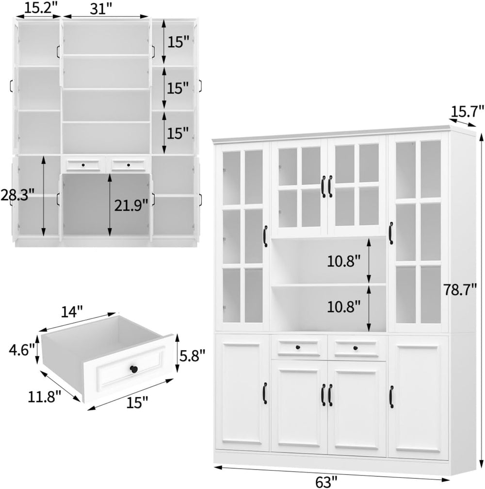 MOUMON Large Kitchen Hutch Storage Cabinet with Adjustable Shelves & Glas...