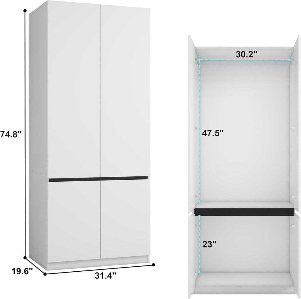 Bedroom Armoire Wardrobe Closet with 2 Doors: 75" White Wardrobe Cabinet for Clothes, Wooden Closet with Hanging Rod, Modern Armoire with Shelves (1)