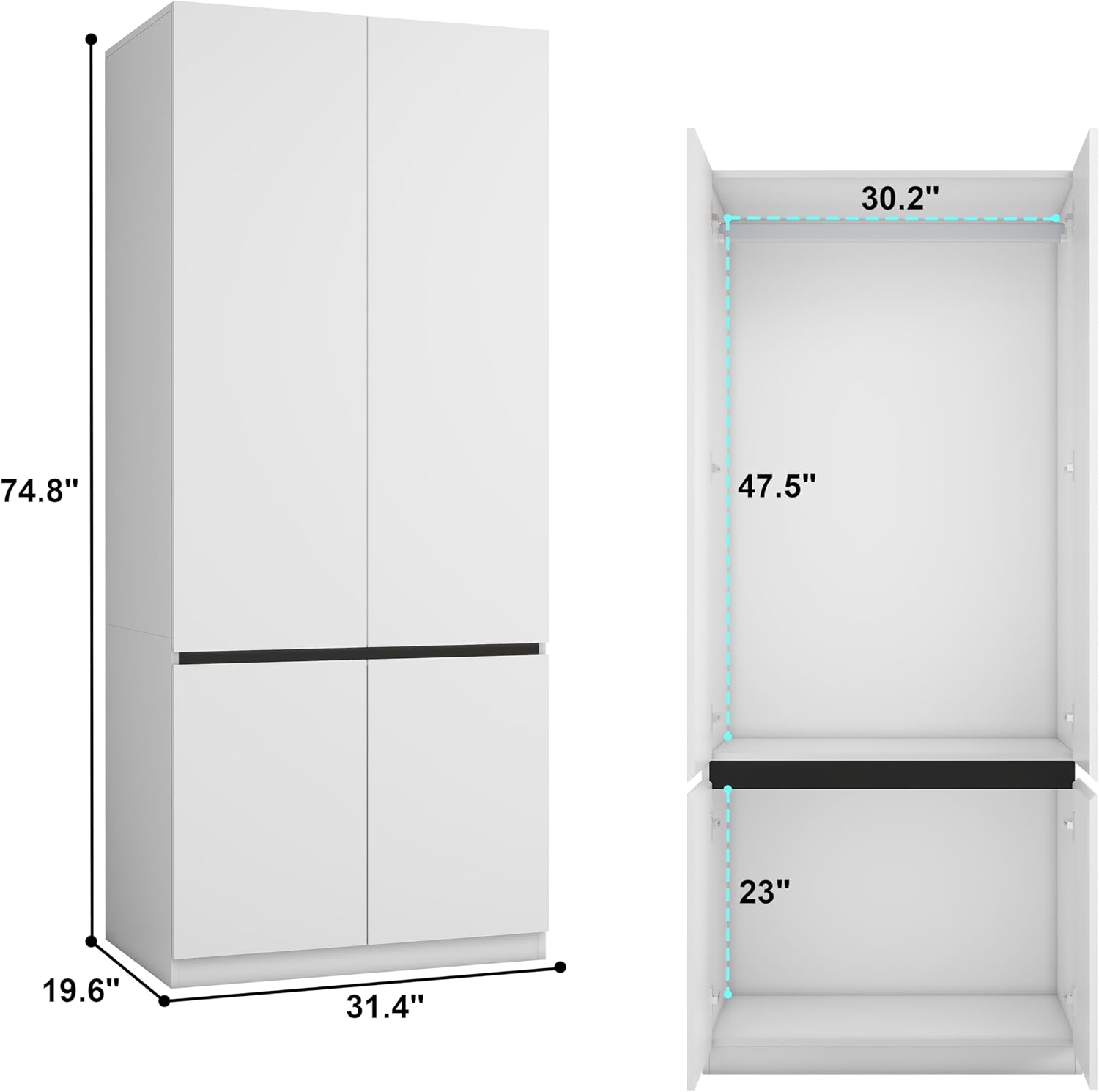 Bedroom Armoire Wardrobe Closet with 2 Doors: 75" White Wardrobe Cabinet for Clothes, Wooden Closet with Hanging Rod, Modern Armoire with Shelves (1)