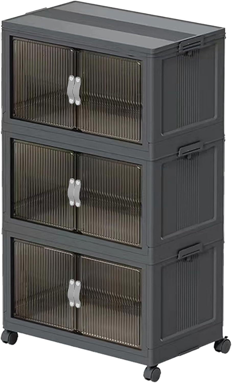 Stackable Storage Bins with Lids Open Front, 155Qt Large Plastic Foldable Containers for Clothes, 3 Pack Multifunctional Collapsible Storage Boxes for Home, Pantry, Office (S, Gray 3-Tier)