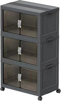 Stackable Storage Bins, Plastic Storage Bins with Lid and Wheels, Collapsible Storage Containers with Magnetic Doors, Foldable Storage Boxes for Home, Pantry, Office (M, Gray 3-Tier)