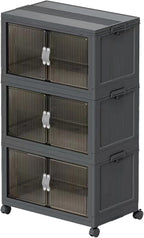 Stackable Storage Bins, Plastic Closet Organizer Folding Container with Lid & Wheel, Collapsible Storage Cabinet with Door, Foldable Storage Boxes for Home, Pantry, Office (L, Gray 3-Tier)