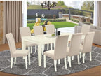 East West Furniture LGBA9-LWH-01 9 Piece Dining Room Set Includes a Rectangle Wooden Table with Butterfly Leaf and 8 Cream Linen Fabric Parson Dining Room Chairs, 42x84 Inch, Linen White