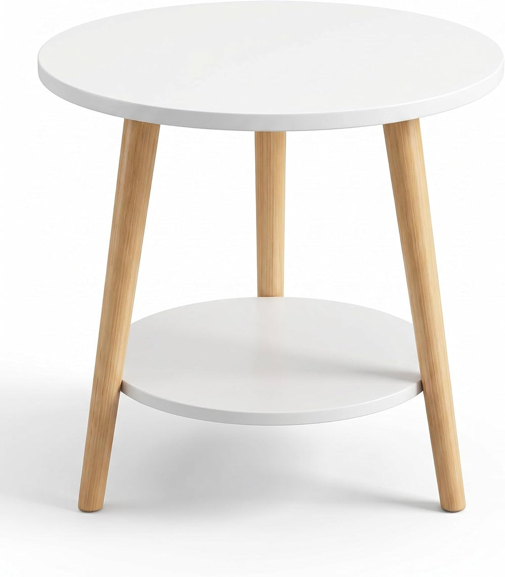 Round Side Table 2-Tier Wood Coffee Table Night Stand with Stable Triangle Le...