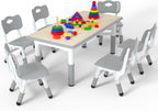 LulliSpace Kids Table and 6 Chairs Set，Height Adjustable Children Table & Chair，Toddlers Study Multi-Activity Table with 47.2"x23.6" Wipe-Clean Desktop，for Classrooms, Homes & Daycares