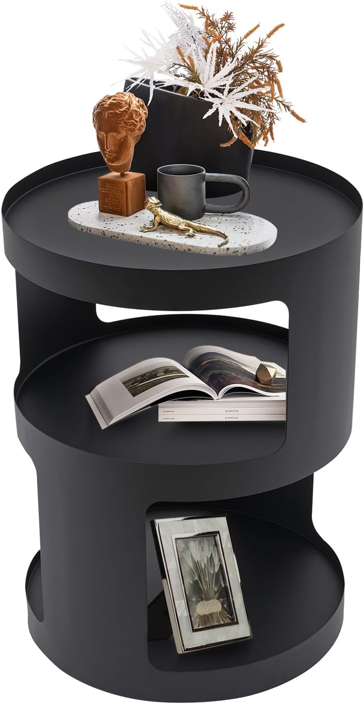 2-Layer Modern Side Table Round End Tables, Black Metal Nightstand Accent Tab...