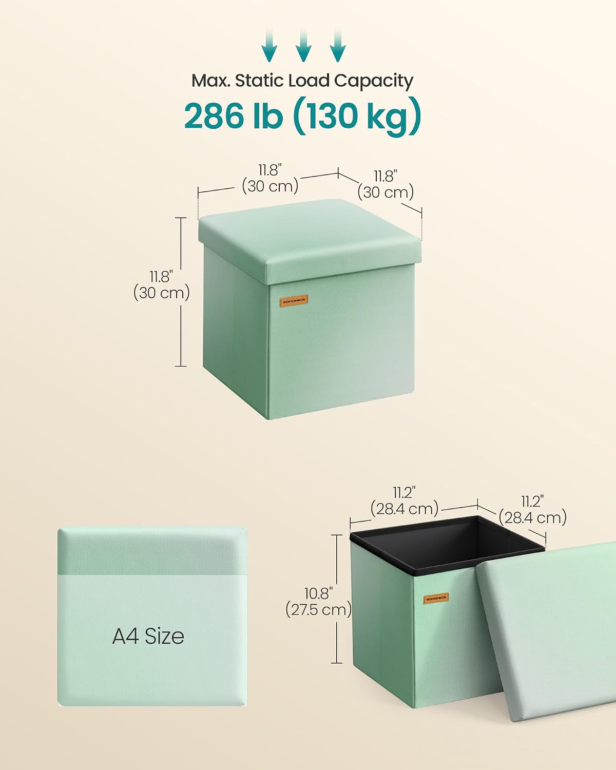 SONGMICS Folding Storage Ottoman Bench, Linen Fabric, Storage Chest, Foot Rest Stool, Holds up to 286.6 lb, 11.8 x 11.8 x 11.8 in, Bedroom Bench, Blue-Green Ombre, Minota Collection ULSF028X201