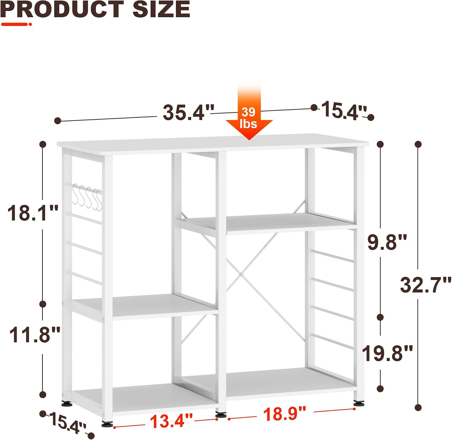 soges Baker's Shelves, Kitchen Shelf, Standing Shelf, Microwave Holder, Baker's Shelf, Household Shelf with 3 Shelves, Multifunctional Kitchen Shelf Storage, Side Trolley, White