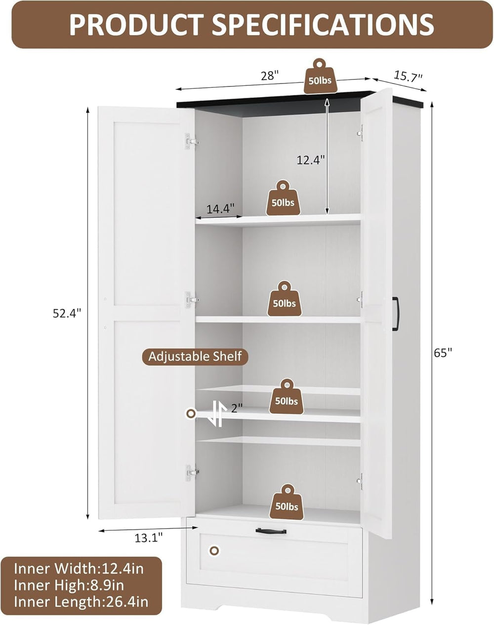 Vongrasig Kitchen Pantry Storage Cabinet with Barn Doors, Drawer and Adjustab...
