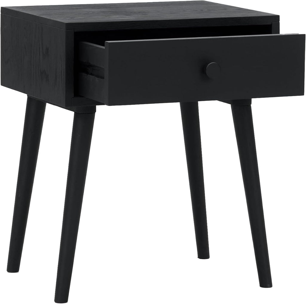 NTC Solid Oak Lux Nightstand with Drawer, Mid Century Modern Side Table Bedroom, Bedside Furniture, Night Stand, End Table, Easy Assembly - Burnt Black