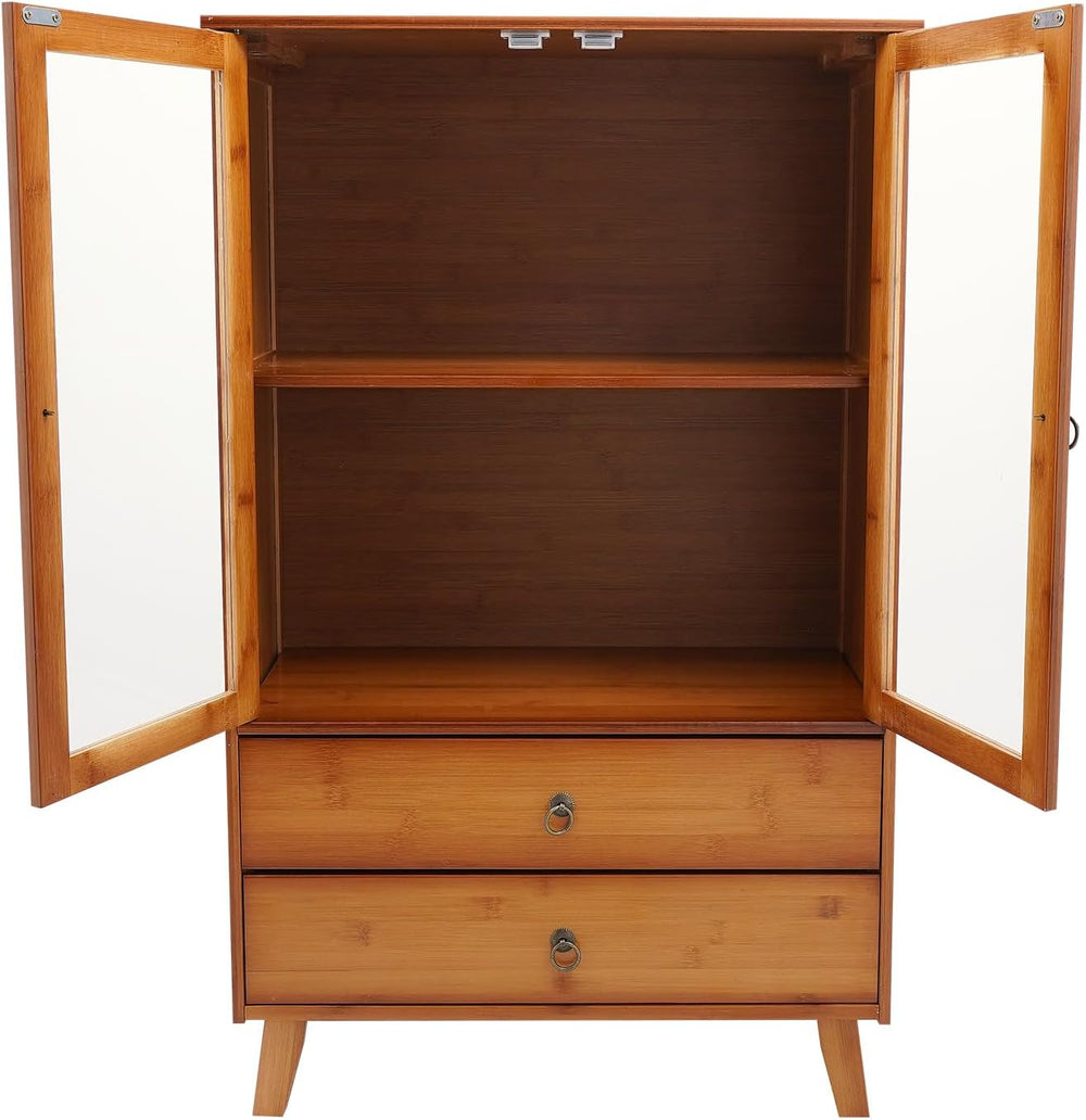 4 Tiers Bamboo Buffet Sideboard with Acrylic Doors,Floor Standing Pantry Cabi...