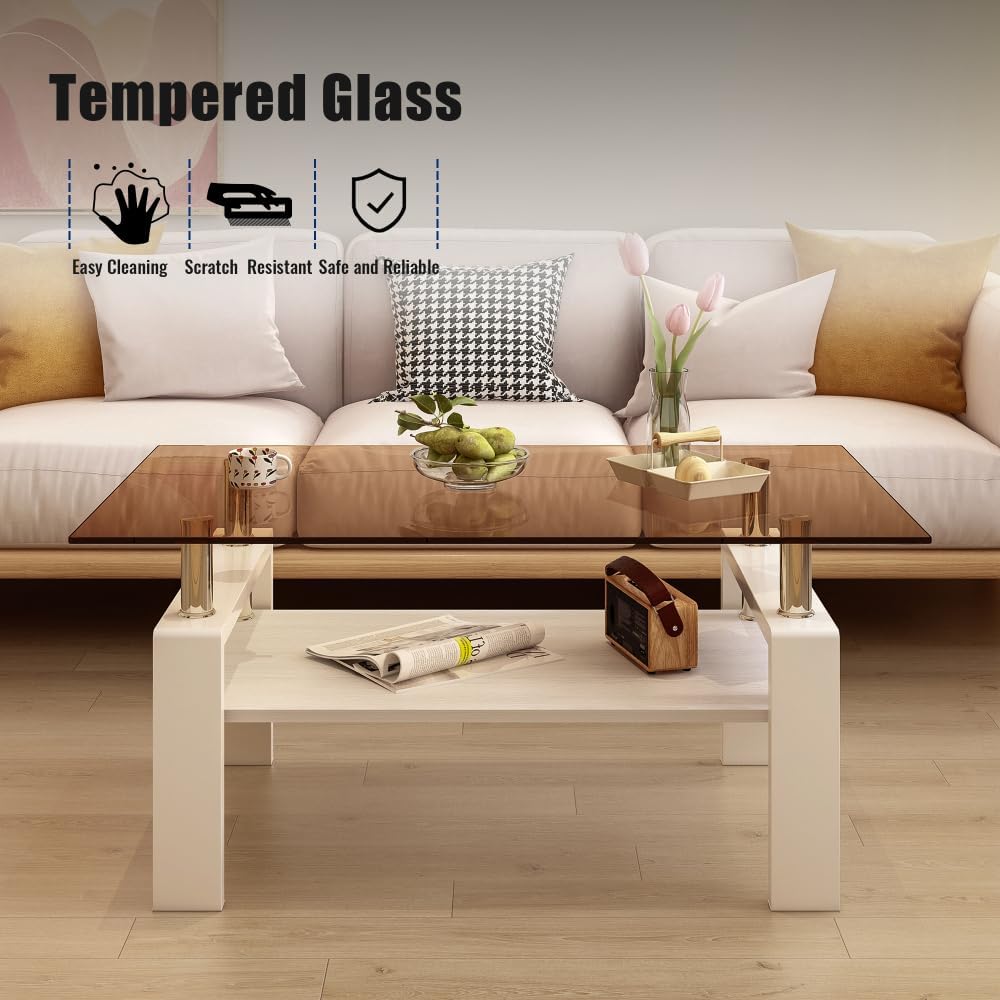 Rectangle Coffee Table, Tempered Glass Tabletop with MDF Layer, Modern Table ...