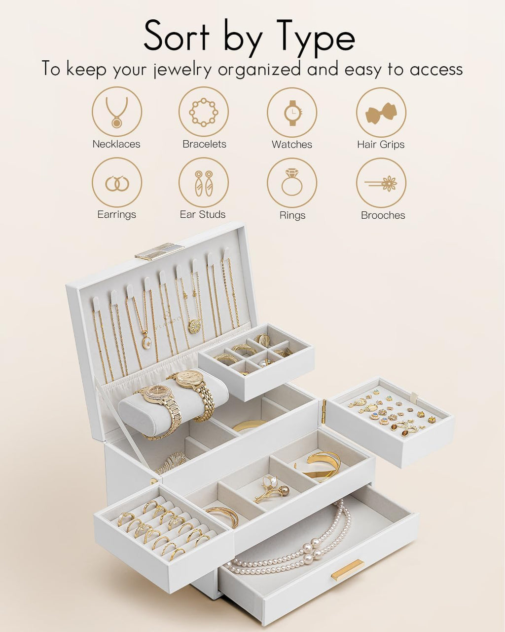 Vlando 3 Layer Jewelry Box - Women Jewelry Box with Retractable Tray - Jewelry Organizers with Drawer for Necklaces, Rings, Bracelets, Earrings, Gift for Couples Mom Girls - White