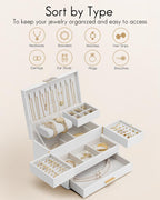 Vlando 3 Layer Jewelry Box - Women Jewelry Box with Retractable Tray - Jewelry Organizers with Drawer for Necklaces, Rings, Bracelets, Earrings, Gift for Couples Mom Girls - White