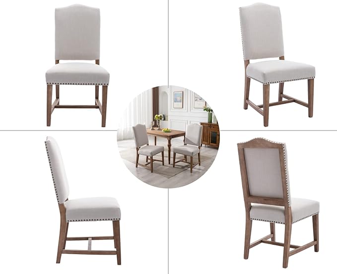 EALSON Farmhouse Dining Chairs Set of 2 Upholstered Dining Room Chairs with Wood Legs and Nailhead Trim Mid Century Modern Kitchen Chairs with High Back Padded Parson Chairs, Linen Beige
