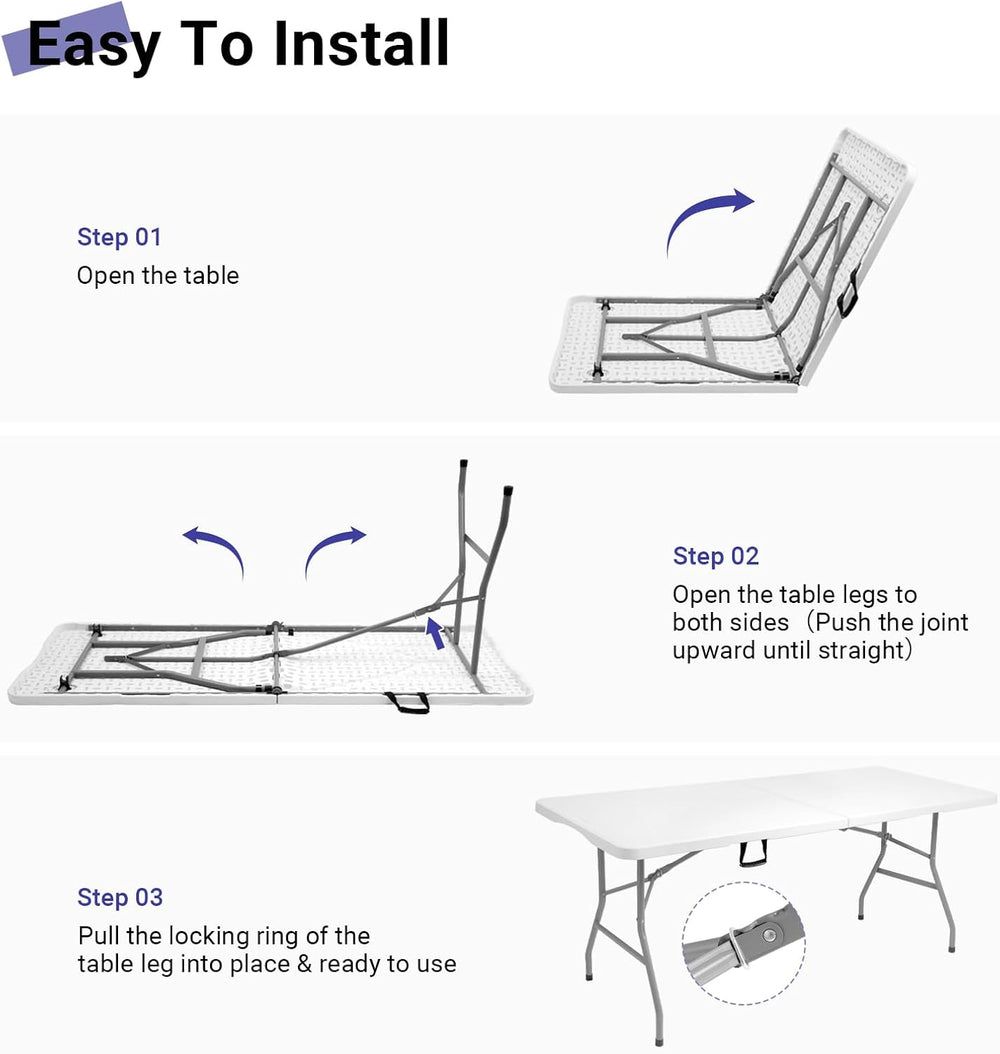 6ft Folding Table, Portable Heavy Duty Plastic Table for Party, White | Fold-...