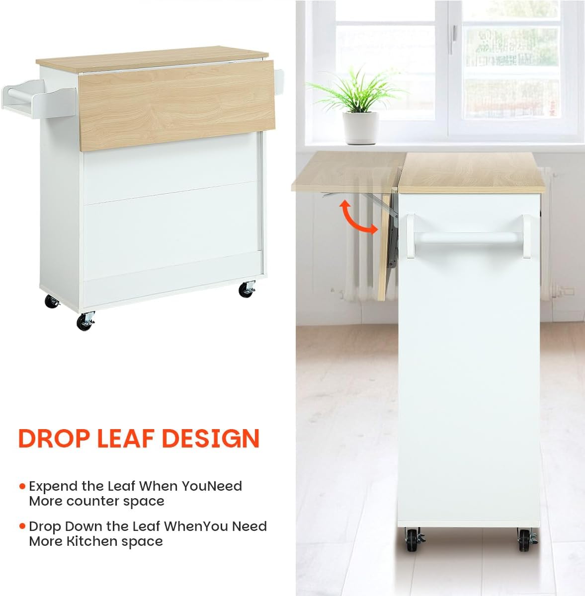 Kitchen Island with Storage, Rolling Kitchen Island on Wheels with Scalable,Open Spice Rack Shelf, Door Cabinet，Kitchen Cart Island Table for Kitchen, White