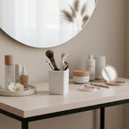 White Stone-Look Toothbrush Holder for Bathroom, Natural Rough Stone Textured, Unbreakable Heavy Bathroom Cup, Vanity Countertop Organizer for Makeup Brushes
