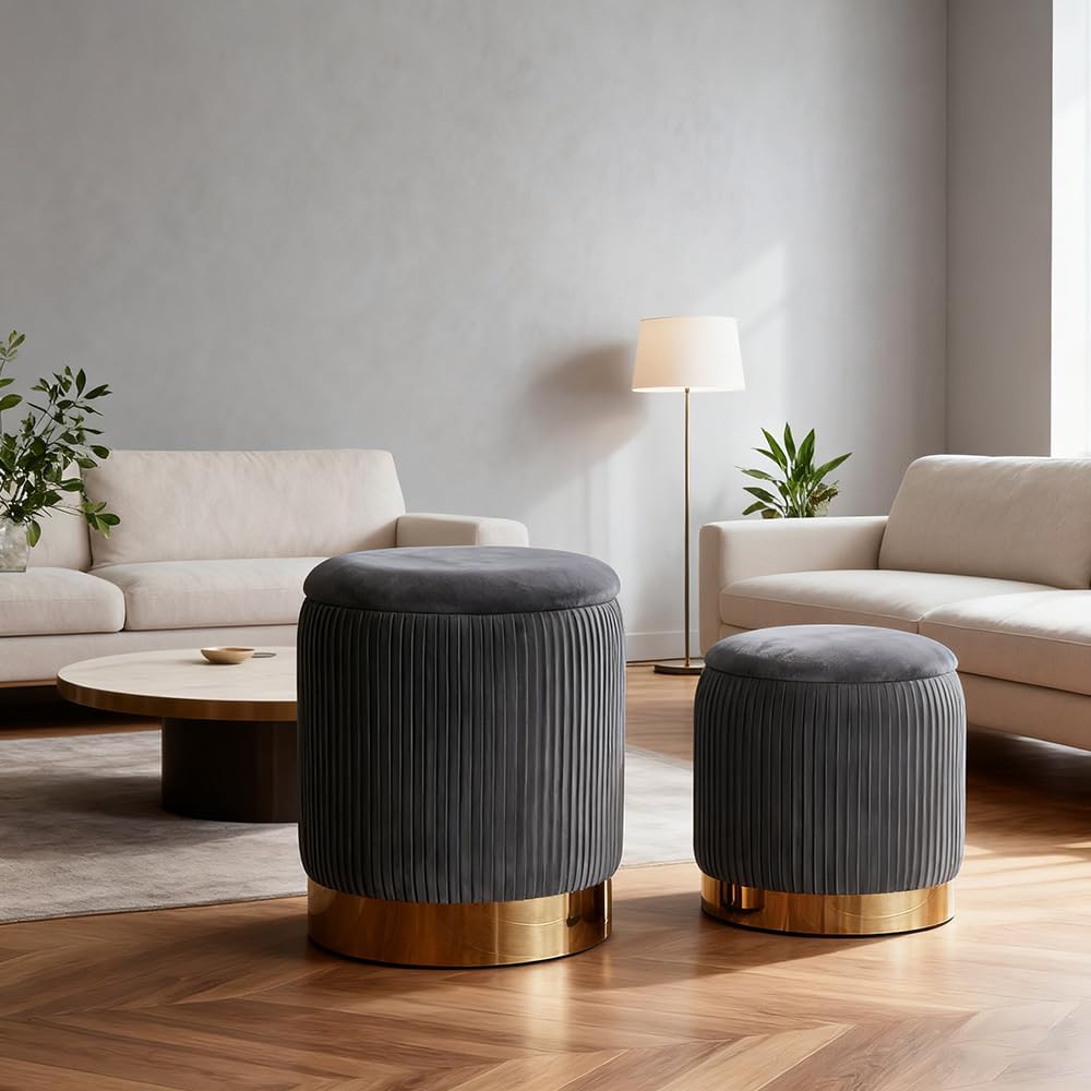YYW HOME Round Ottoman with Storage Set of 2 Vanity Stool Foot Rest with Remo...
