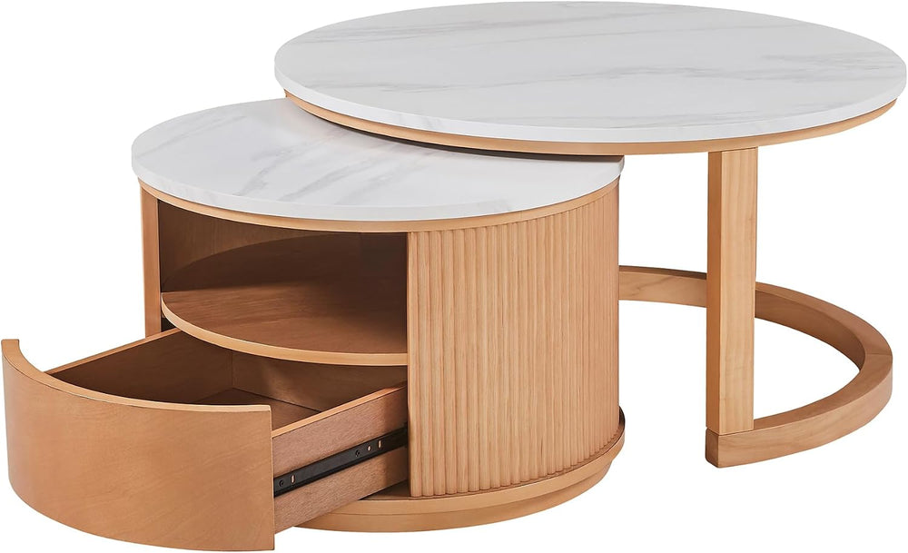 49'' Round Nesting Coffee Table with Drawer, Modern 2-Tier Wood Coffe...