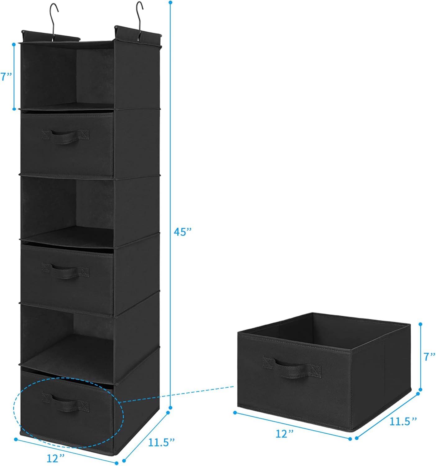 MAX Houser 6 Tier Shelf Hanging Closet Organizer, Closet Hanging Shelf with 2 Sturdy Hooks for Storage, Foldable (Black-D3)