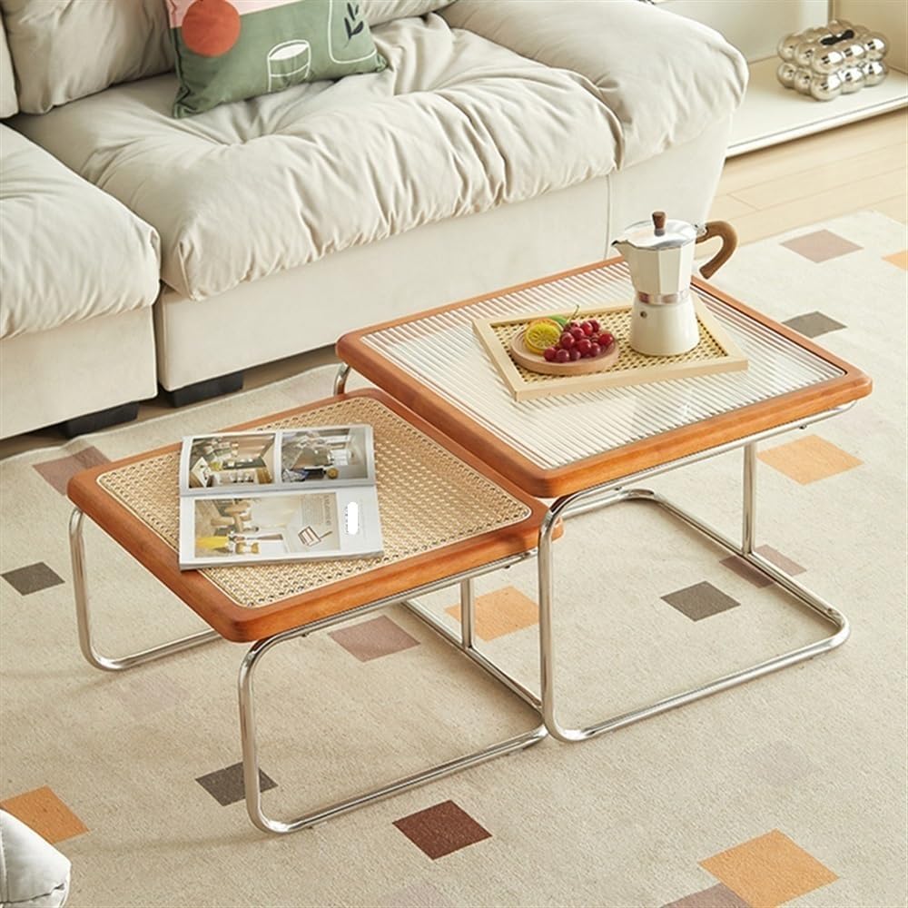 Nesting Coffee Table, Square End Table Set of 2, Small Coffee Table with Ratt...