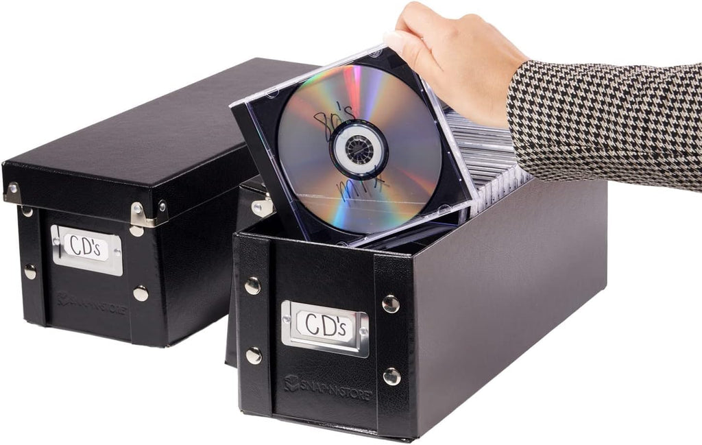 Snap-N-Store CD Storage Box - 2 Pack - Durable 5.1 x 5.1 x 13.2 Inch Disc Holders with Lids to Store up to 52 CDs - Black