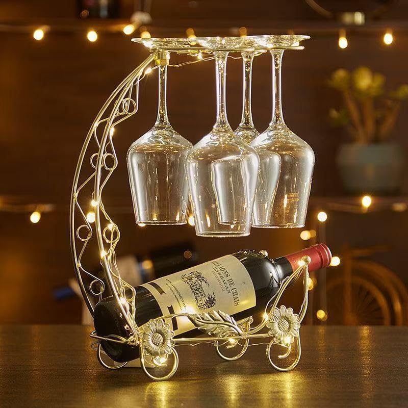 Wine Rack with Glass Holder, Countertop Bottle Stand, Gold Metal with Floral ...