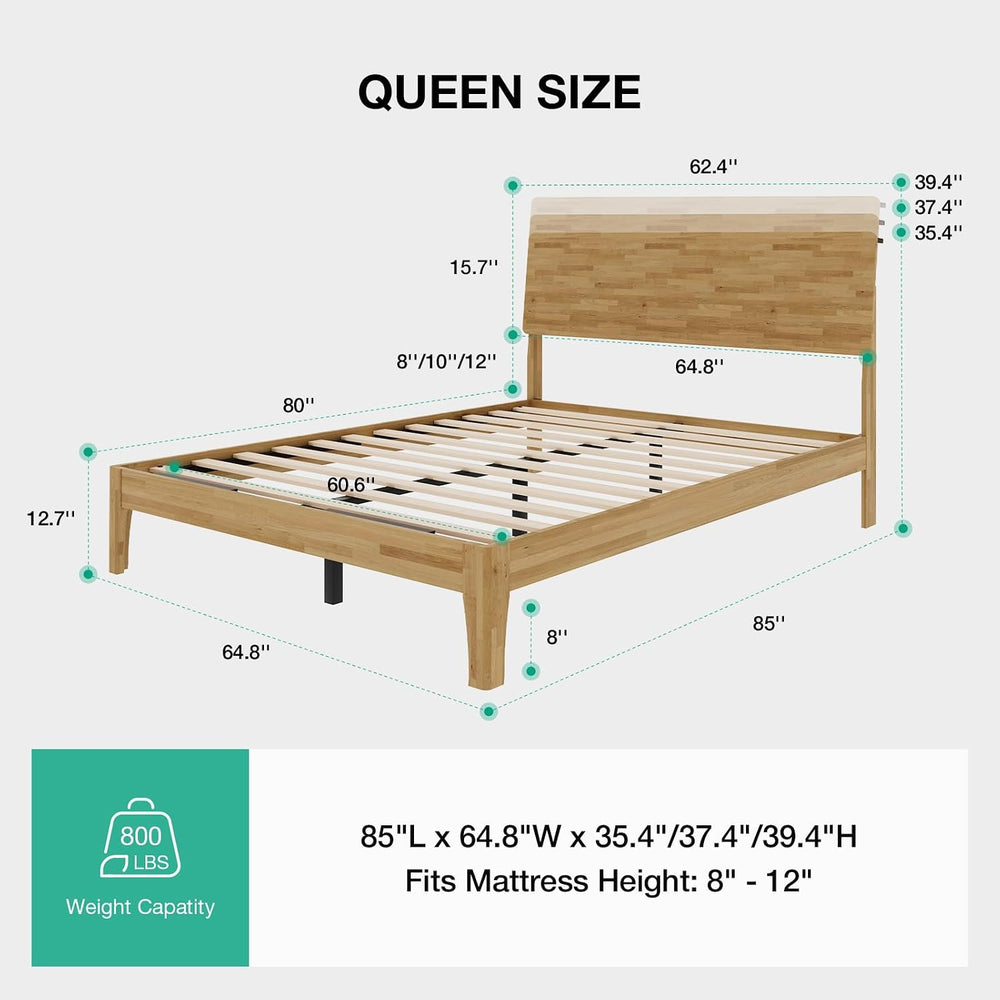 Novilla Queen Bed Frame with 3-Level Adjustable Storage Headboard, Solid Wood...