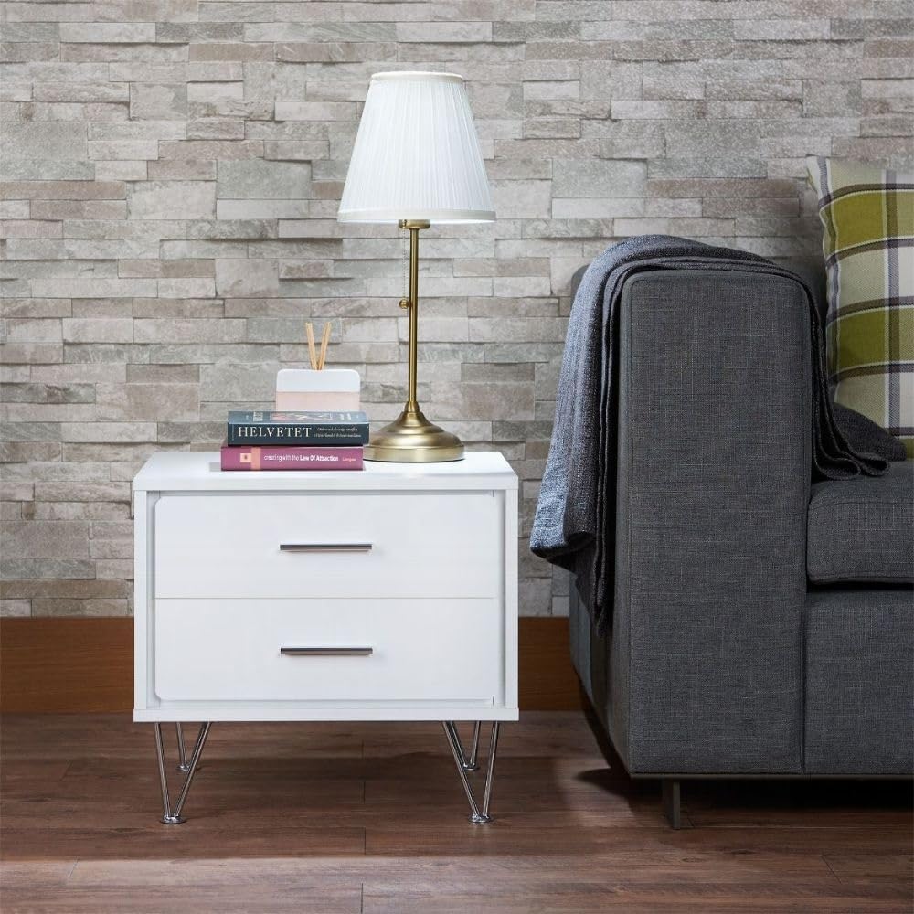 2 Drawers Nightstand with Metal Legs ﻿,for Small Spaces