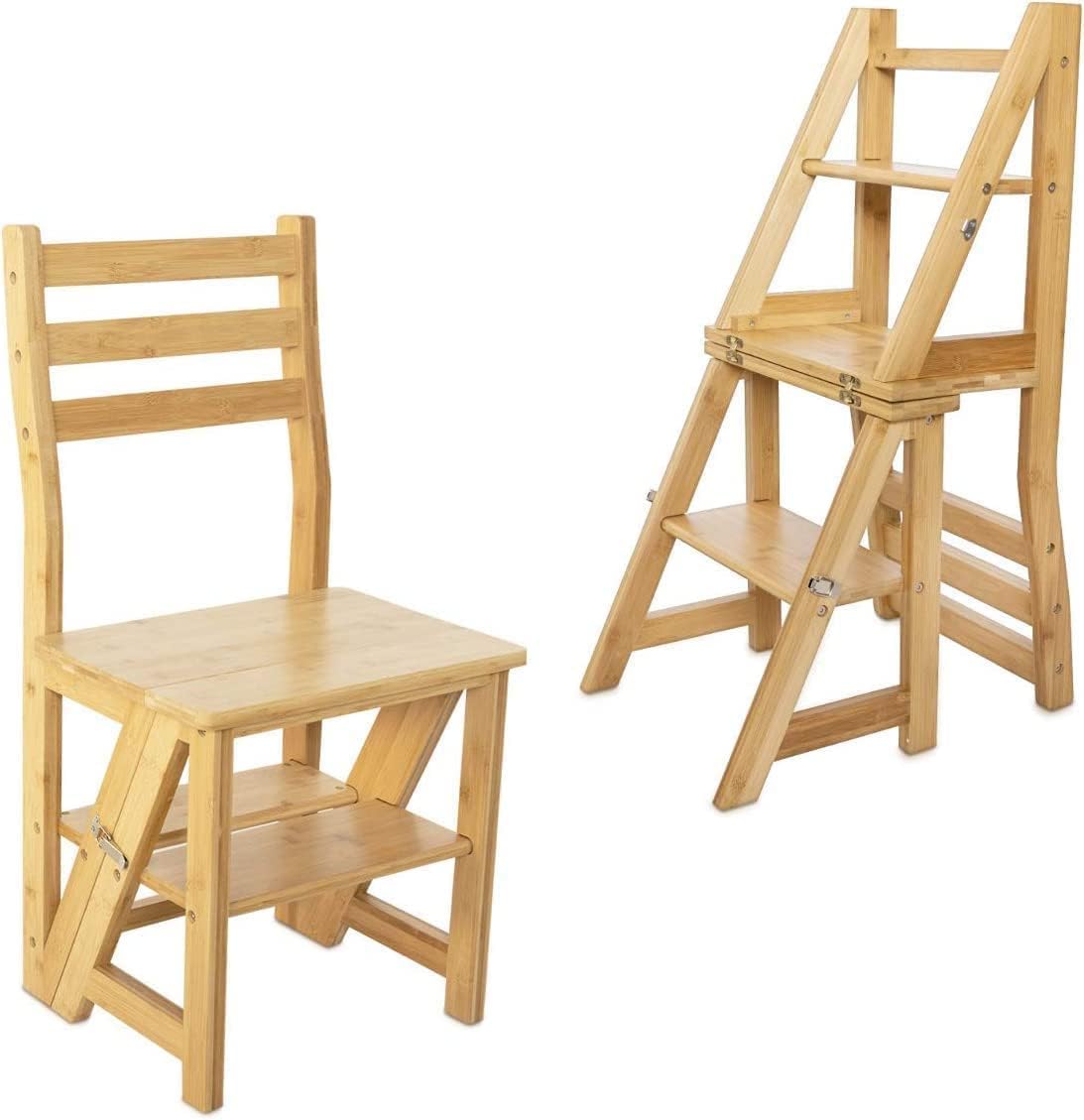 Innovative Creative Multi-Functional Bamboo Folding 3 Step Chair Stool, Reversible Portable Wooden Step Ladder Storage Shelf Use for Kitchen, Library, Garage, Office
