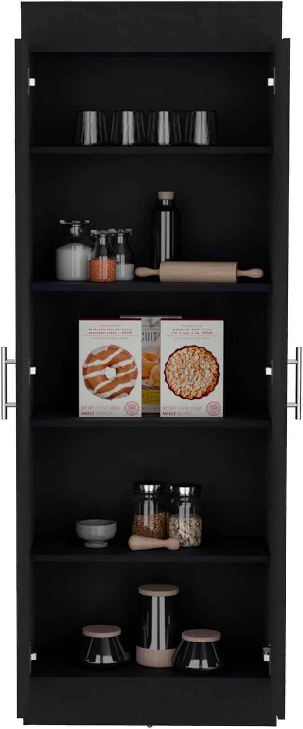 Modern Kitchen Pantry, Black Storage Cabinet with 2 Doors and Multiple Shelve...