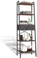 Whitmor 5-Tier Bookshelf with Drawer, Tall Narrow Bookcase with Wood Shelves & Metal Frame, Modern Display Storage Shelf for Living Room, Bedroom, Bathroom, Kitchen, Black