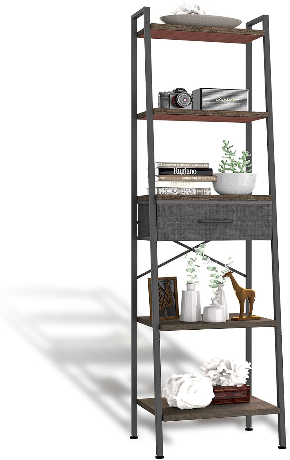 Whitmor 5-Tier Bookshelf with Drawer, Tall Narrow Bookcase with Wood Shelves & Metal Frame, Modern Display Storage Shelf for Living Room, Bedroom, Bathroom, Kitchen, Black