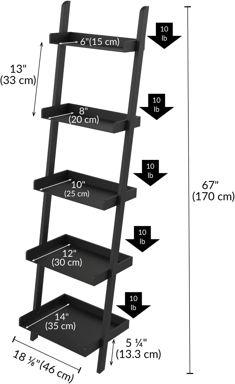 Ballucci 5-Tier Ladder Shelf, Modern 67" Tall Wood Leaning Shelf Organizer for Living Room, Bathroom, Office, Bedroom - Black