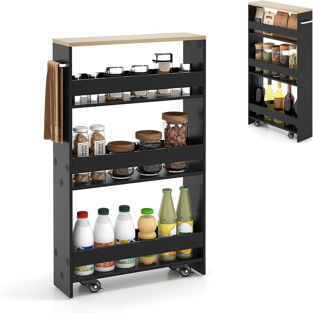 Slim Storage Cart, 4 Tier Rolling Storage Cabinet with 4 Universal Wheels, Convenient Handle, Narrow Laundry Cart for Small Space Bathroom Office