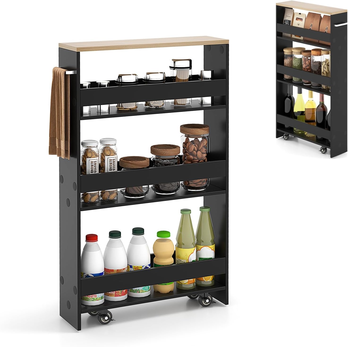 Slim Storage Cart, 4 Tier Rolling Storage Cabinet with 4 Universal Wheels, Convenient Handle, Narrow Laundry Cart for Small Space Bathroom Office