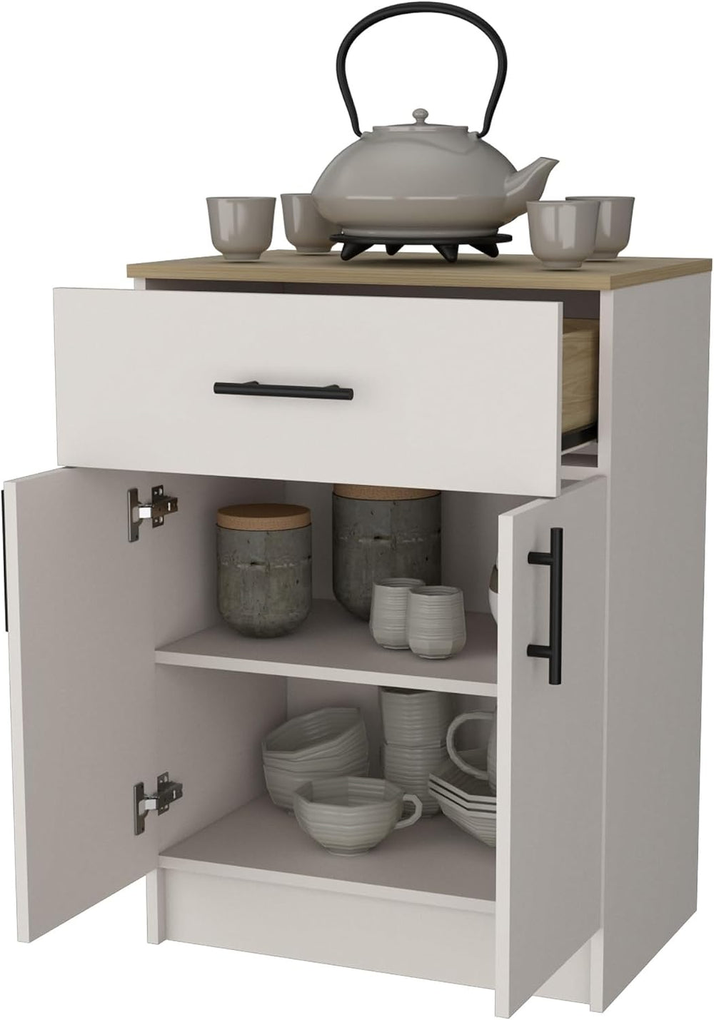 Cope Kitchen Pantry in Melamine with 2 Doors and 1 Drawer, Ivory/Natural Oak,...