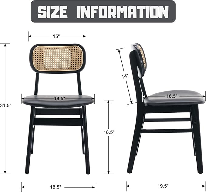 Black Dining Chairs Set of 6 Faux Leather Dining Room Chairs with Rattan Back Farmhouse Kitchen Chairs Wooden Side Chairs