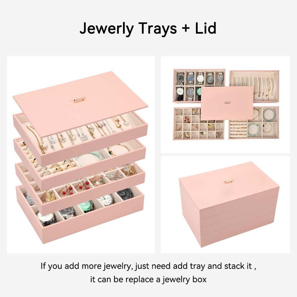Voova Stackable Jewelry Organizer Tray with Lid, PU Leather Jewelry Storage Holder for Drawer Inserts, Jewellery Display Box Case for Earring Necklace Ring Watch Bracelet (Set of 4, Pink)