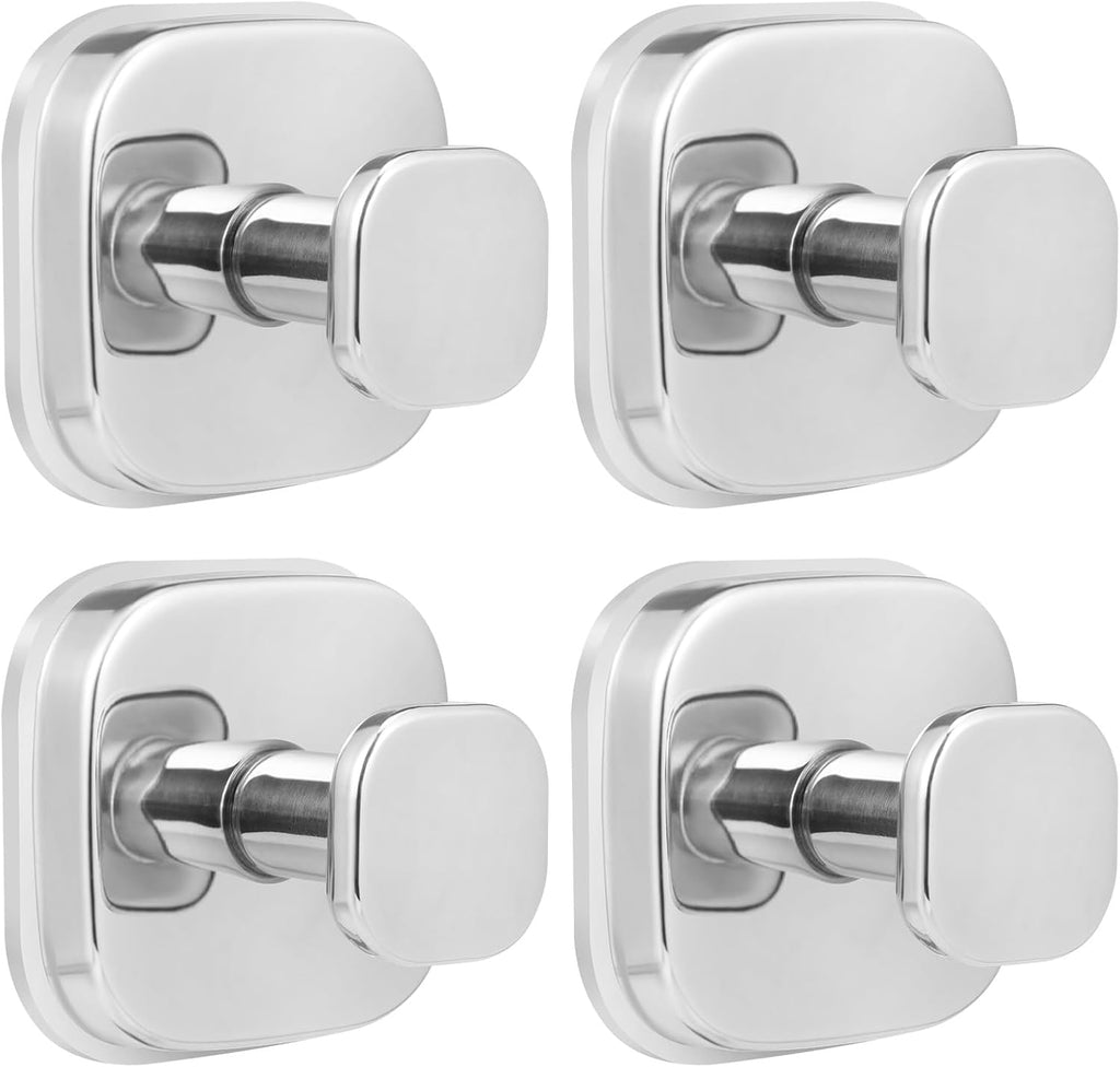 No-Drill Reusable Suction Cup Hooks, Towel, Robe, Loofah, Coat Hook for Glass, Mirror, Tile, Shower, Bathroom, Kitchen & Metal (Smooth, Non-Porous Surfaces) (4, Chrome Polished)