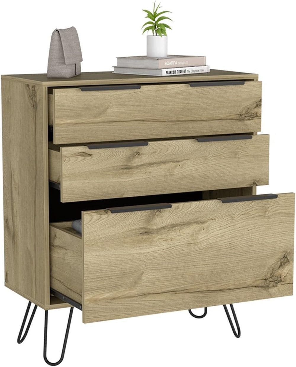 Hairpin Leg Storage, Three Drawer, Premium Panel - Light Oak,for Small Spaces