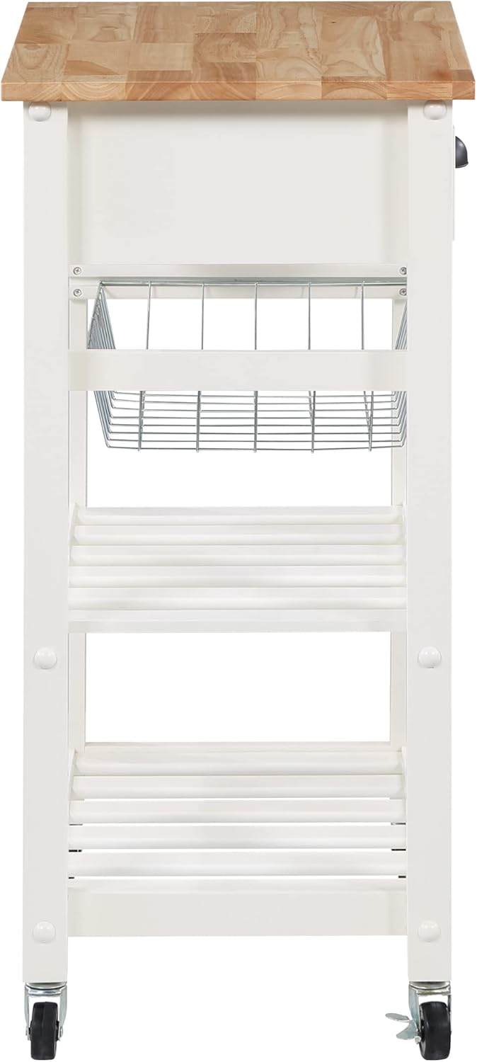 OSP Home Furnishings Hampton Kitchen Cart with Wood Top, Utensil Drawer, Under Cabinet Basket, and 2 Slatted Shelves, White Base