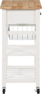 OSP Home Furnishings Hampton Kitchen Cart with Wood Top, Utensil Drawer, Under Cabinet Basket, and 2 Slatted Shelves, White Base